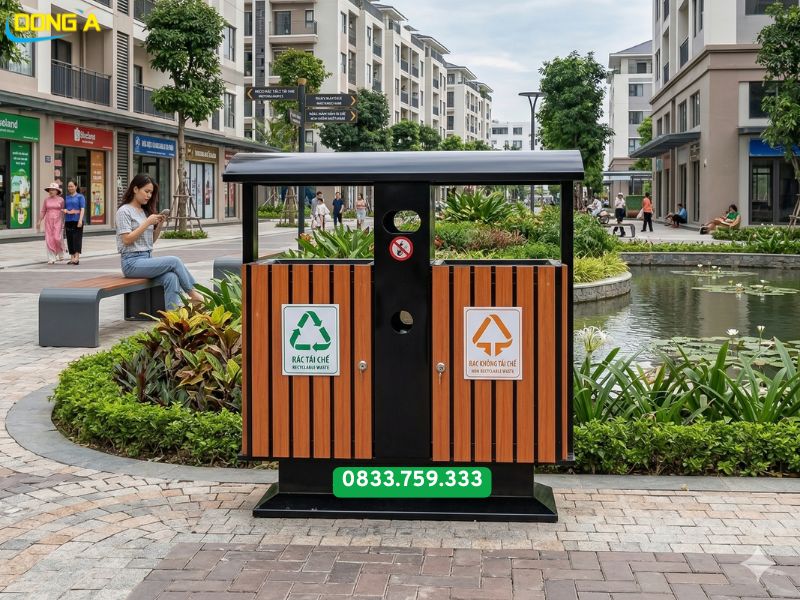 Thùng rác gỗ 2 ngăn ngoài trời có mái che