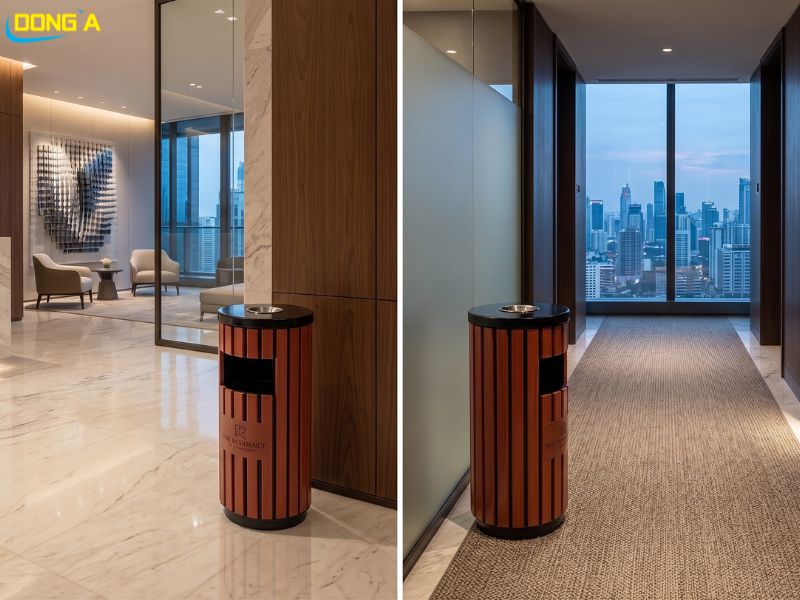 Thùng rác gỗ tròn có gạt tàn ngoài trời – khung thép sơn tĩnh điện nan gỗ màu đỏ đen