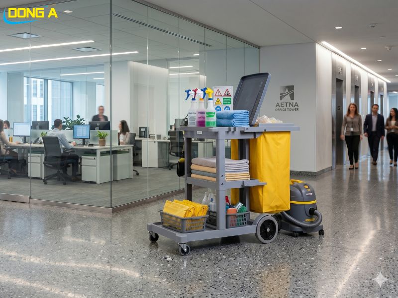 Xe dọn vệ sinh chữ L có nắp – nhựa PP bền, 3 tầng, túi vải tiện lợi