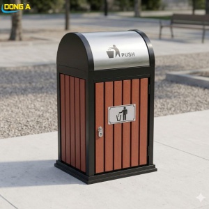 Thùng Rác Gỗ 1 Ngăn Ngoài Trời Nắp Lật