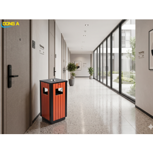 Thùng Rác Gỗ Vuông Có Gạt Tàn